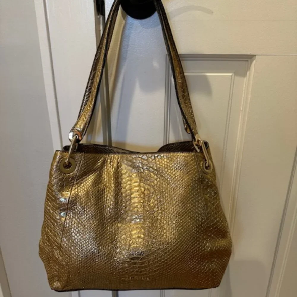 Michael Kors Raven Gold Metallic Embossed Shoulder Bag Tote - Picture 2 of 8